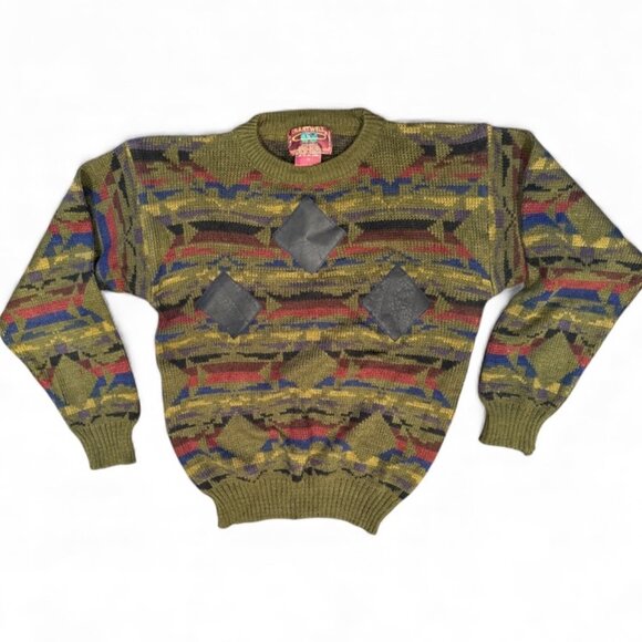 Vintage Gold Chartwell Sweater – Men’s Medium – Geometric Knit Leather Squares - Picture 1 of 6